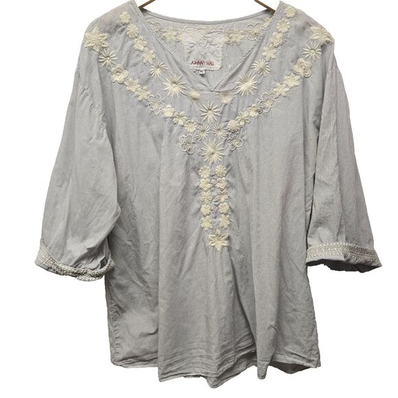 Johnny Was Workshop Striped Embroidered Blouse size XL Floral V-Neck Tunic Flowy - Picture 1 of 10